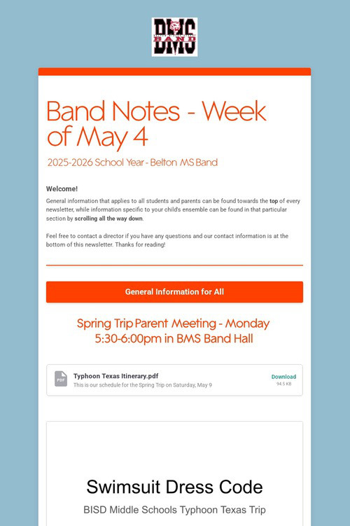 Band Notes - Week of May 4