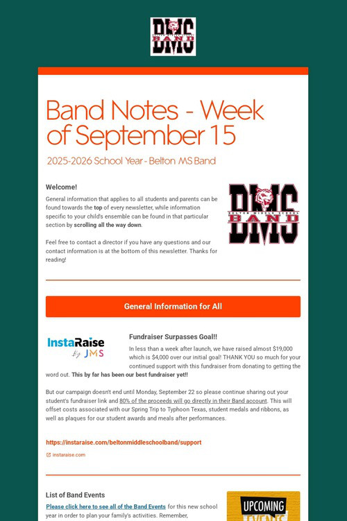 Band Notes - Week of September 15
