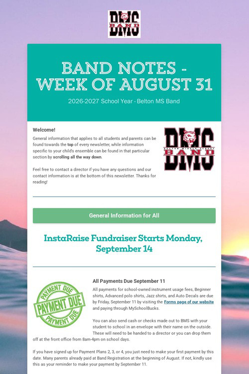 Band Notes - Week of August 31