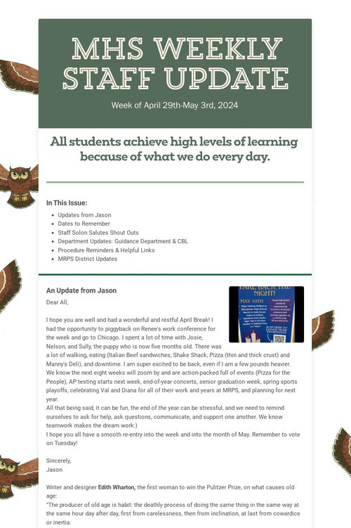 MHS WEEKLY STAFF UPDATE