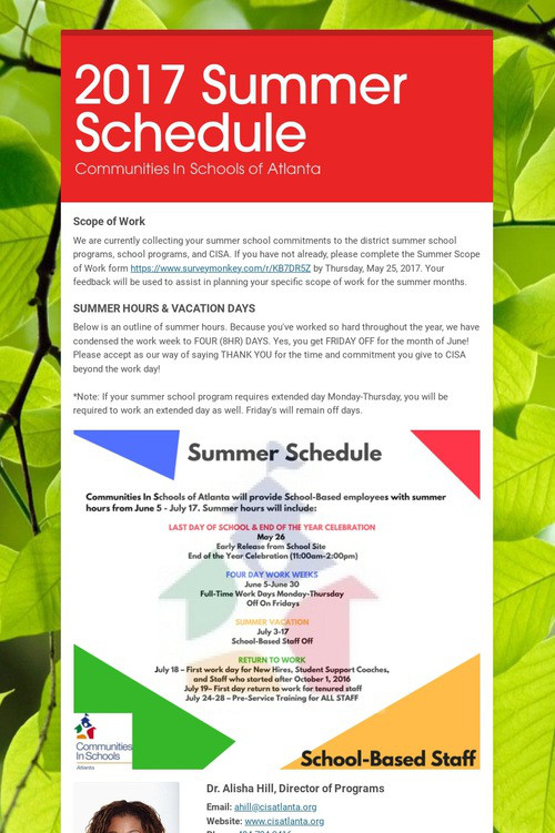 2017 Summer Schedule