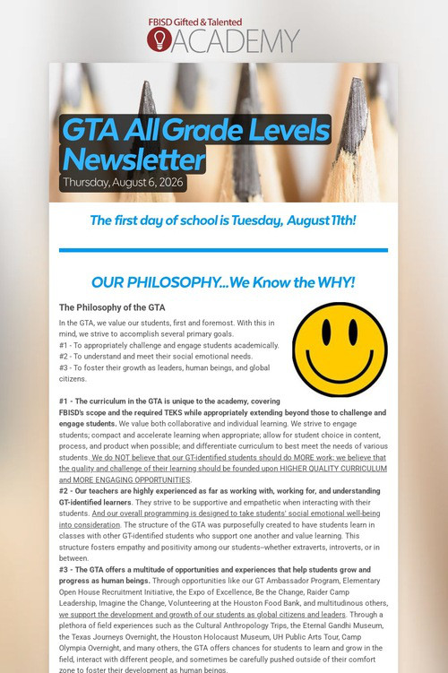 GTA All Grade Levels Newsletter