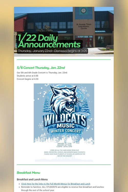 1/22 Daily Announcements