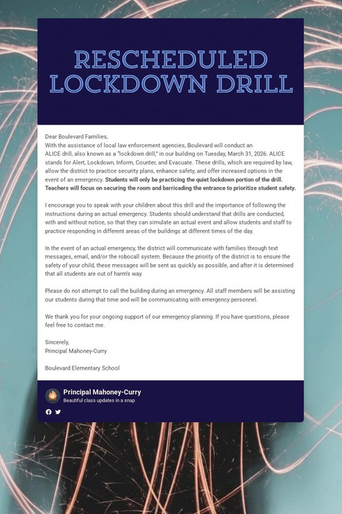 Rescheduled Lockdown Drill
