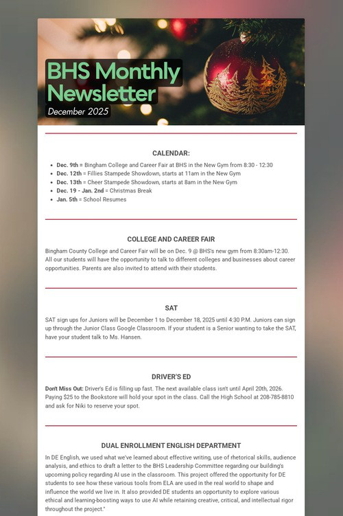 BHS Monthly Newsletter