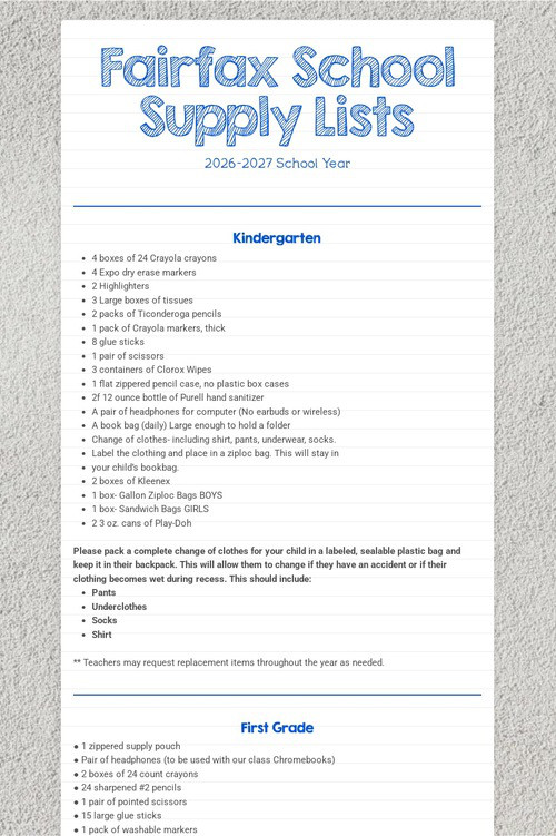 Fairfax School Supply Lists
