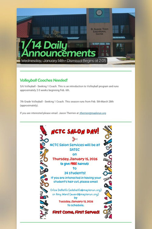 1/14 Daily Announcements
