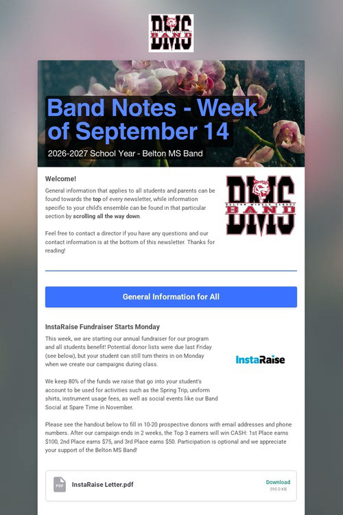 Band Notes - Week of September 14