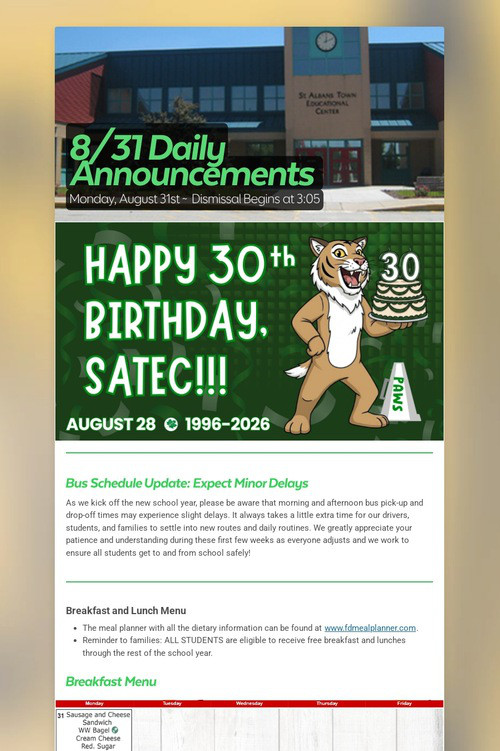 8/31 Daily Announcements
