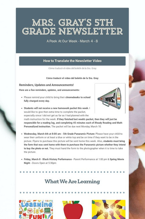 Mrs. Gray's 5th Grade Newsletter