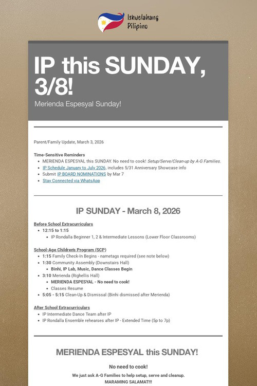 IP this SUNDAY, 3/8!