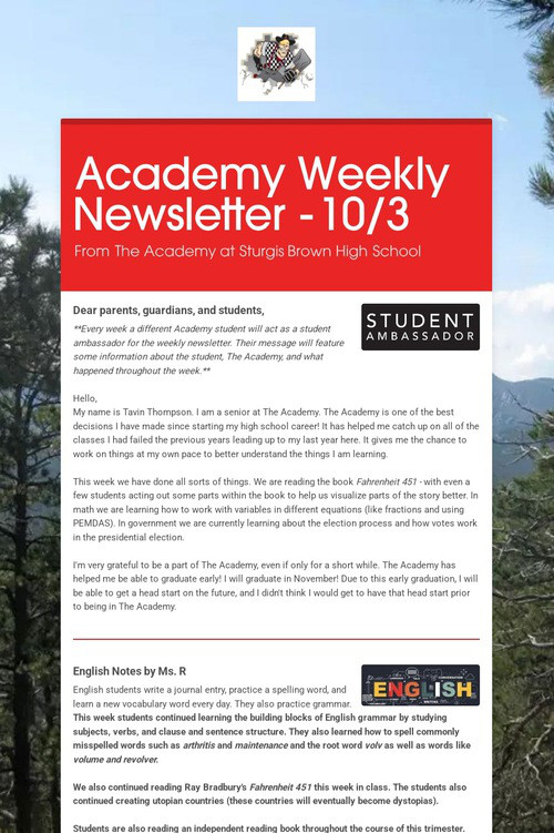 Academy Weekly Newsletter - 10/3
