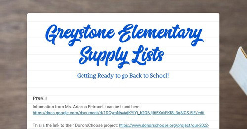 Greystone Elementary Supply Lists