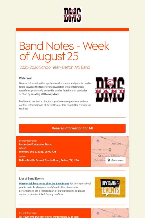 Band Notes - Week of August 25