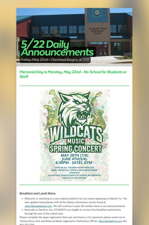 5/22 Daily Announcements