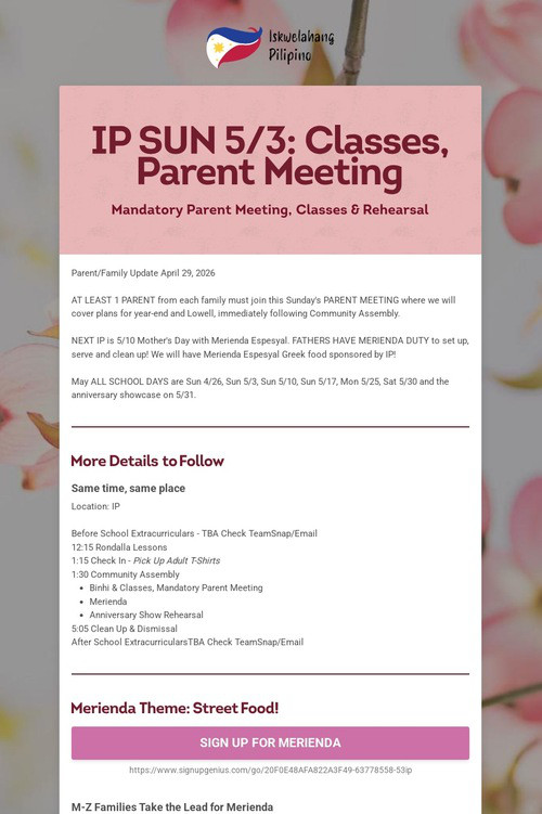 IP SUN 5/3: Classes, Parent Meeting