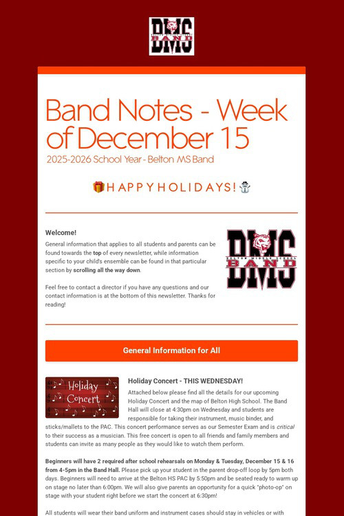 Band Notes - Week of December 15