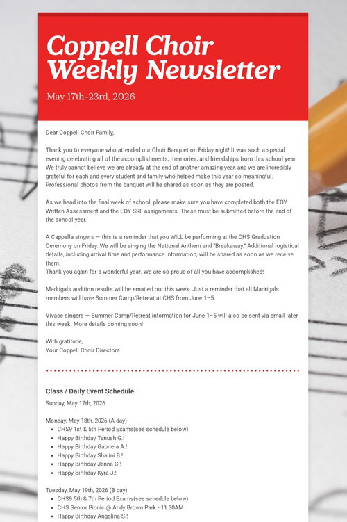 Coppell Choir Weekly Newsletter