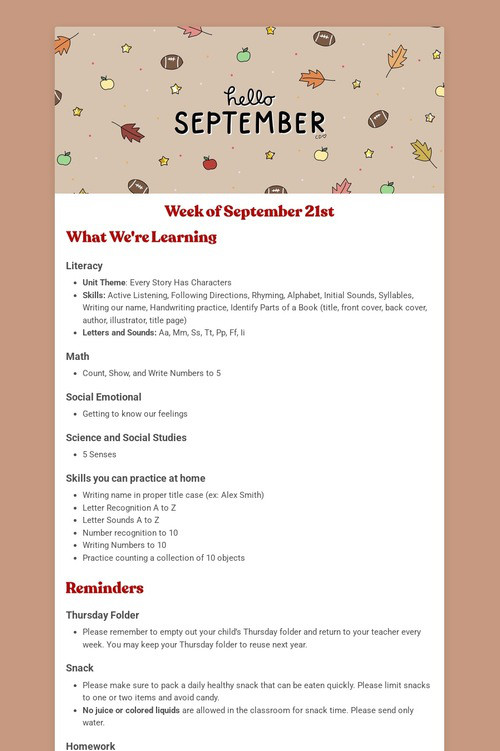 Kindergarten Newsletter