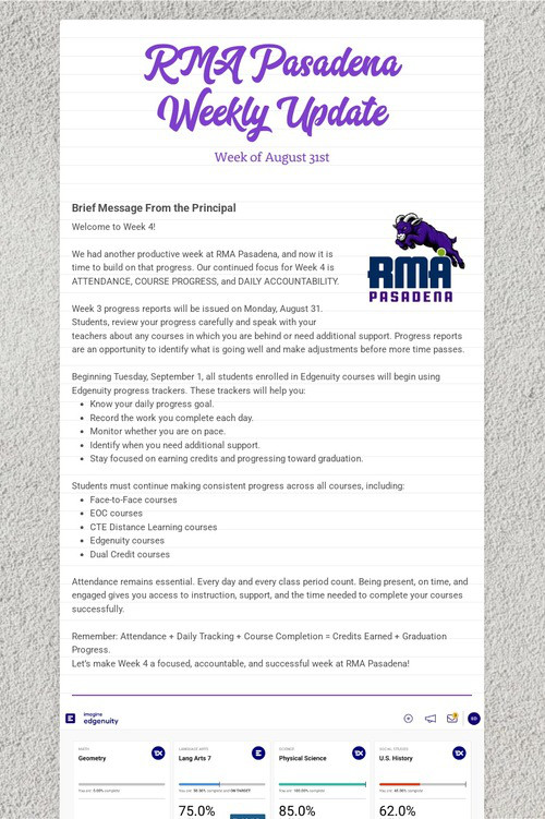 RMA Pasadena Weekly Update