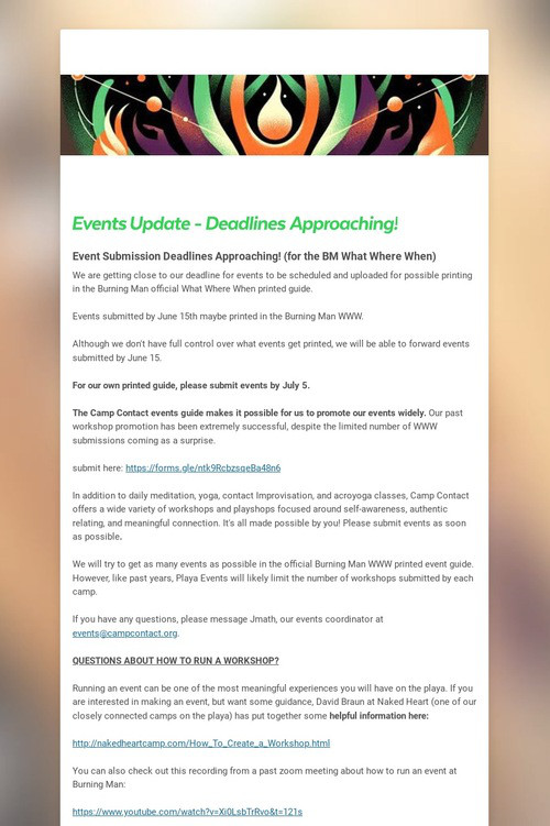 BM Workshops/Events Update