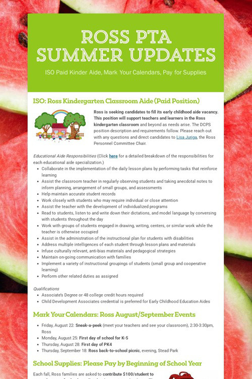 Ross PTA Summer Updates