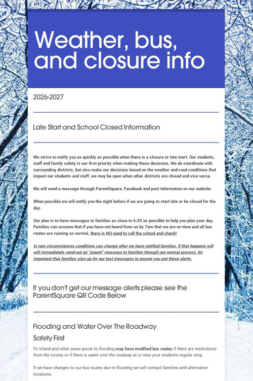 Weather, bus, and closure info