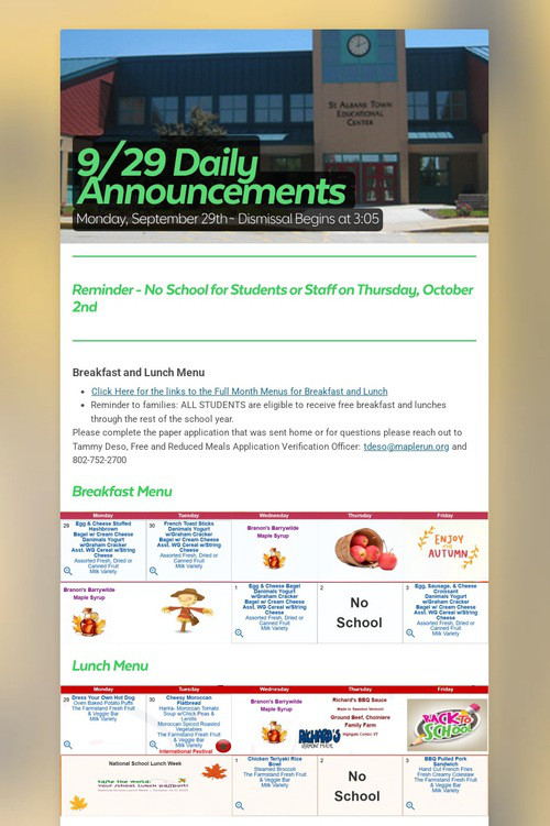 9/29 Daily Announcements