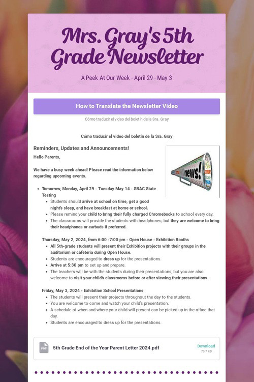 Mrs. Gray's 5th Grade Newsletter