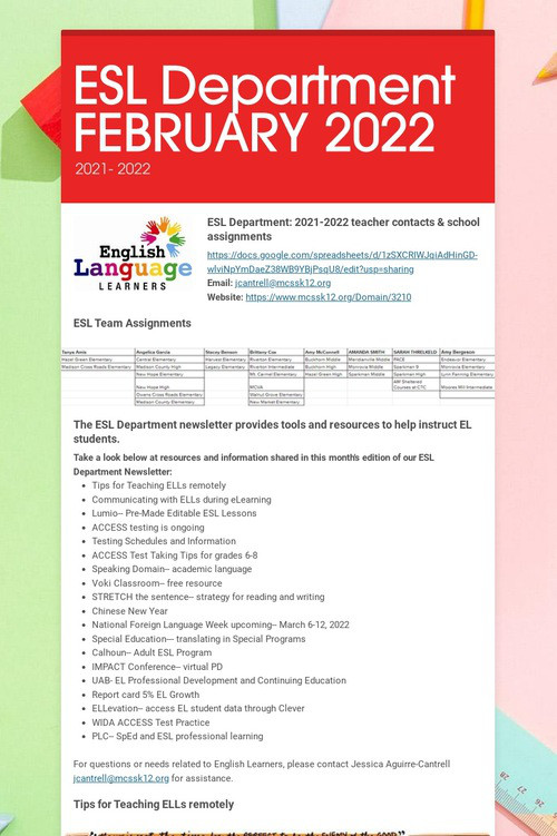 ESL Department FEBRUARY 2022