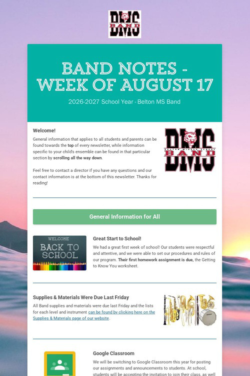Band Notes - Week of August 17