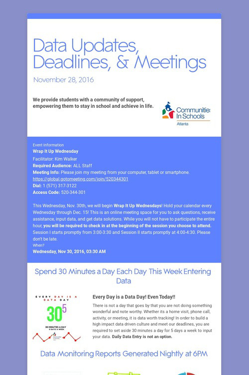 Data Updates, Deadlines, & Meetings